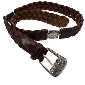 Fossil Y2K Braided Leather Medallion Women Belt Sz S Boho Rustic Western Engrave